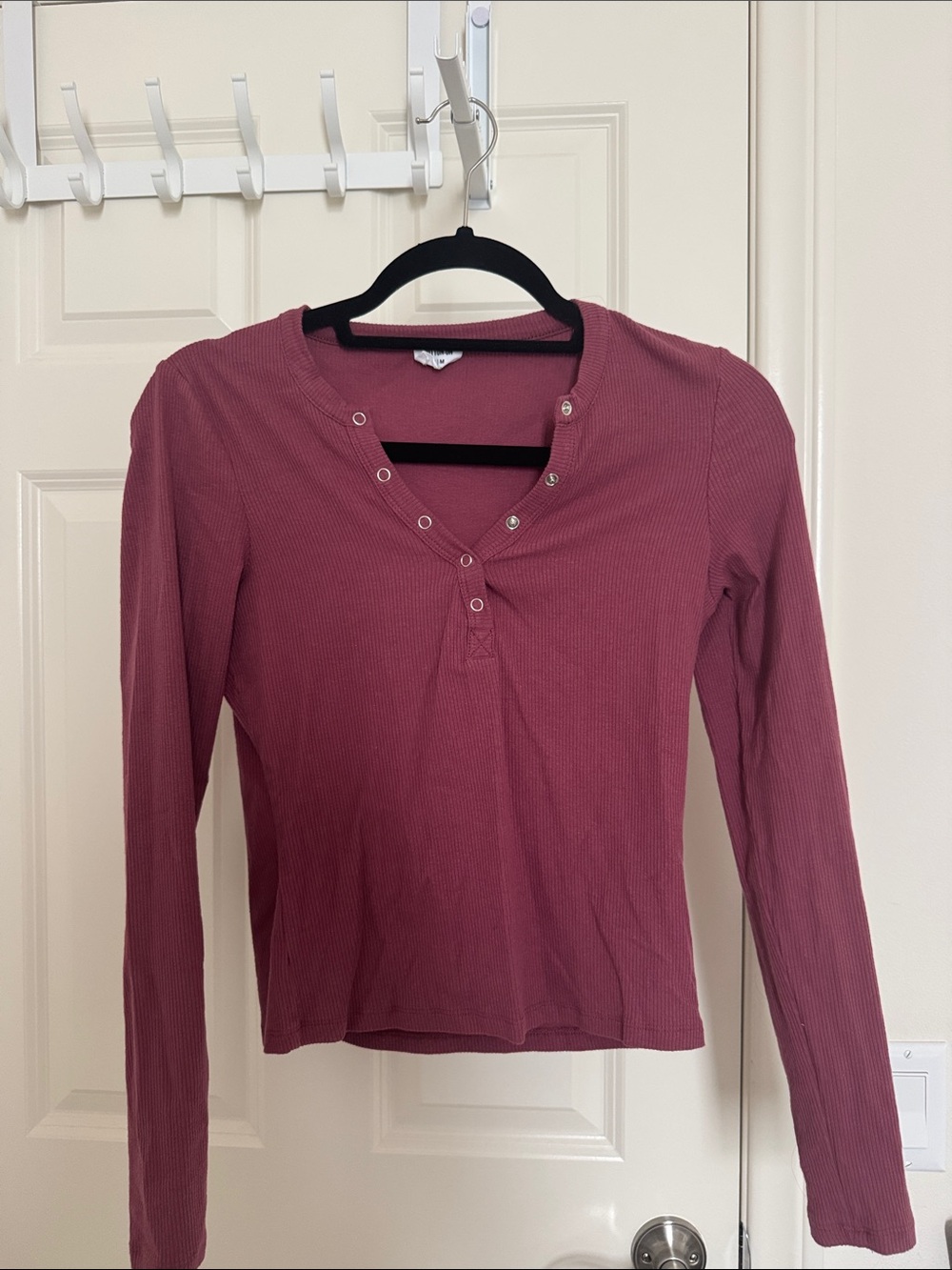 Cotton On Long-Sleeve Ribbed Henley Top - Dusty Rose